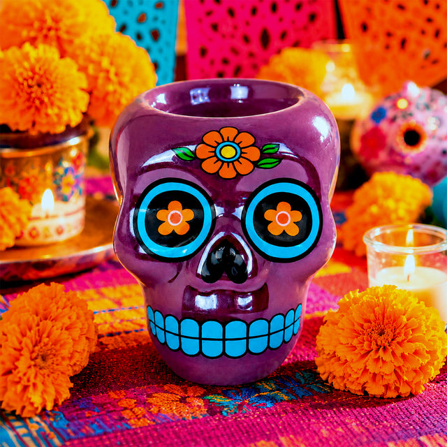 Calavera de Azúcar, Figura de Cerámica, Color Morado