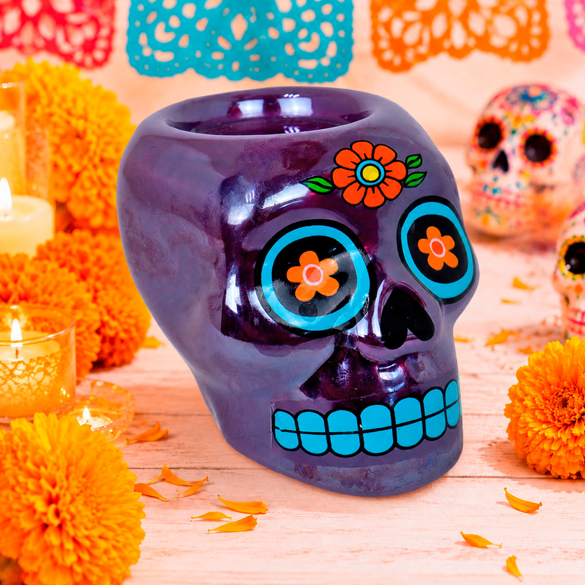 Calavera de Azúcar, Figura de Cerámica, Color Morado