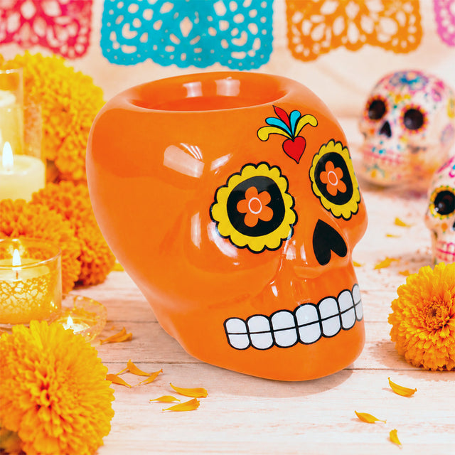 Calavera de Azúcar, Figura de Cerámica, Color Naranja