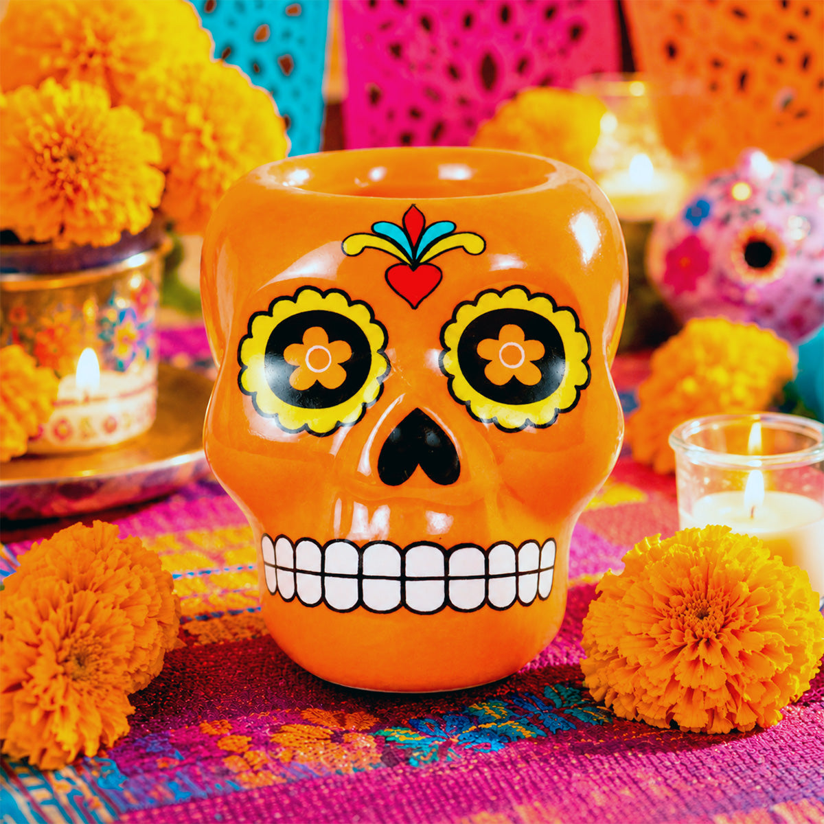 Calavera de Azúcar, Figura de Cerámica, Color Naranja