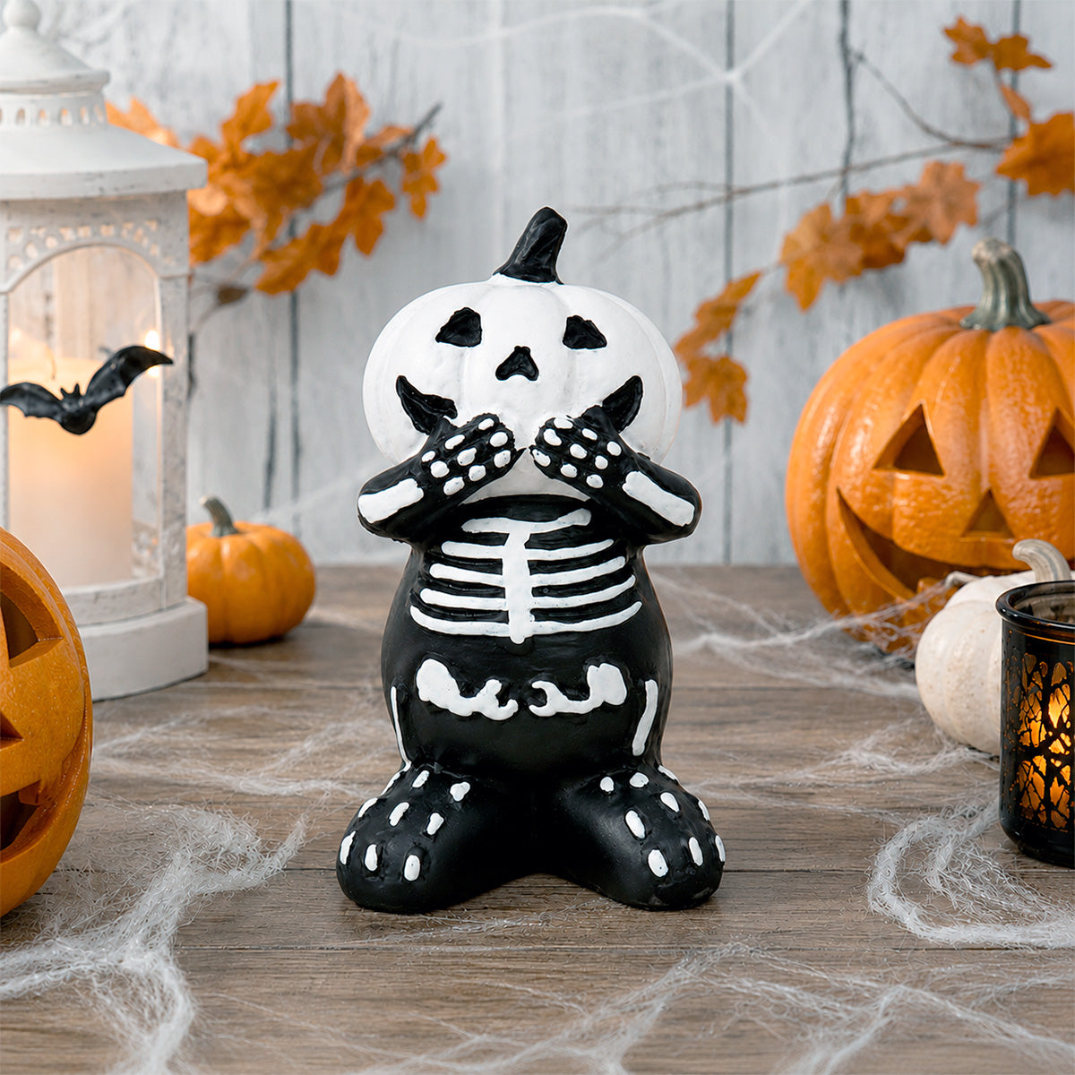 Esqueleto con Calabaza, Figura de Cerámica, Color Blanco