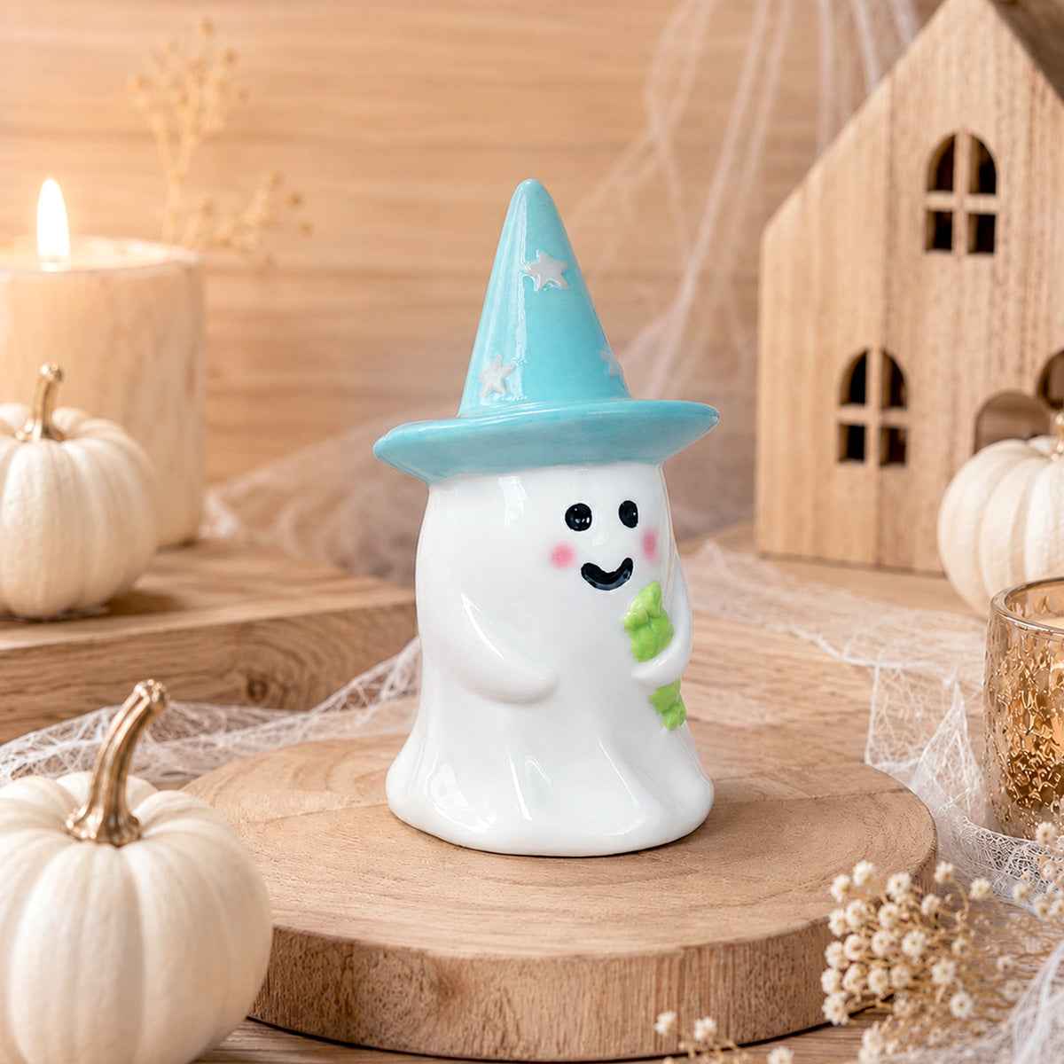 Figura de Cerámica, Fantasma con Sombrero Color Azul