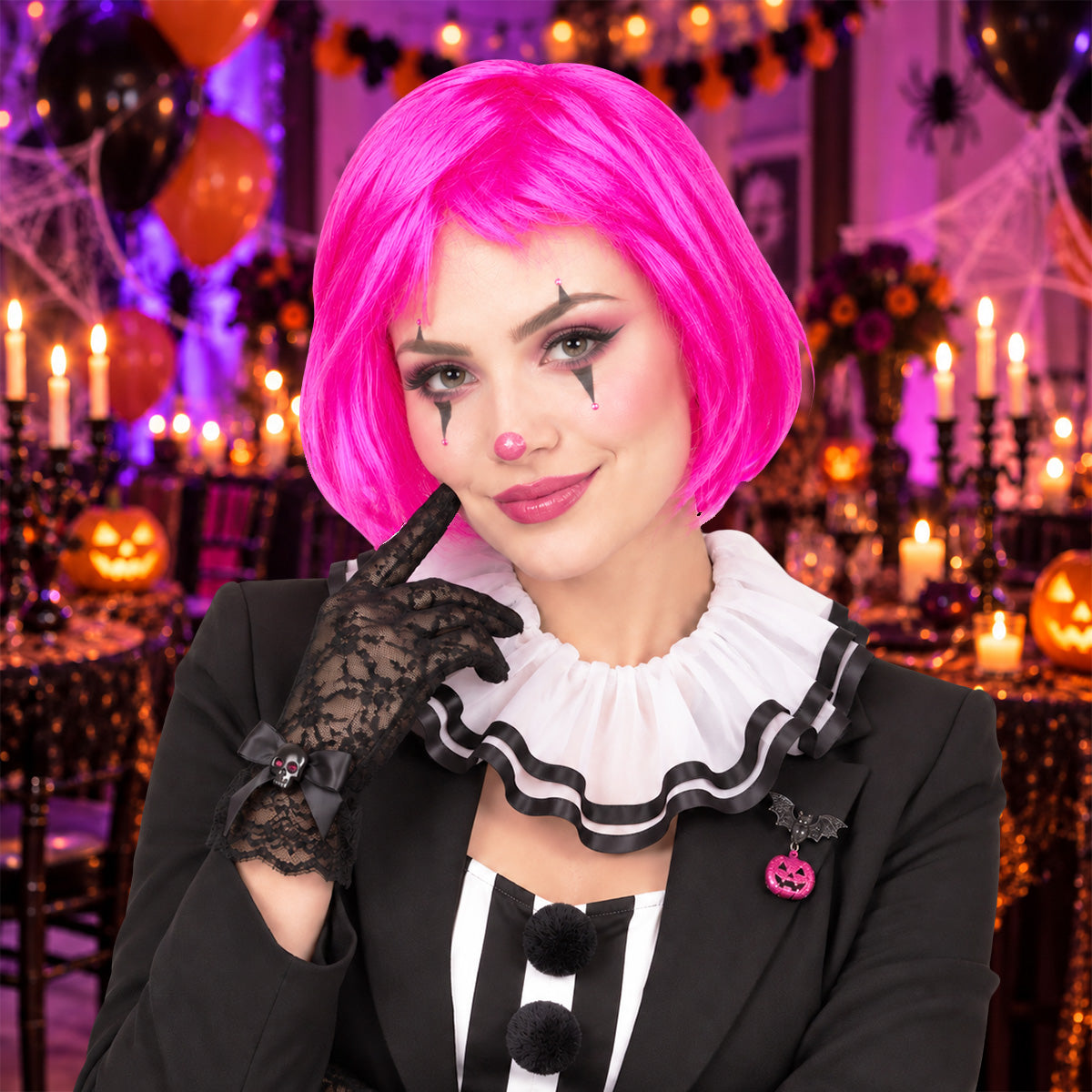 Peluca Corta para Halloween, Color Fiusha