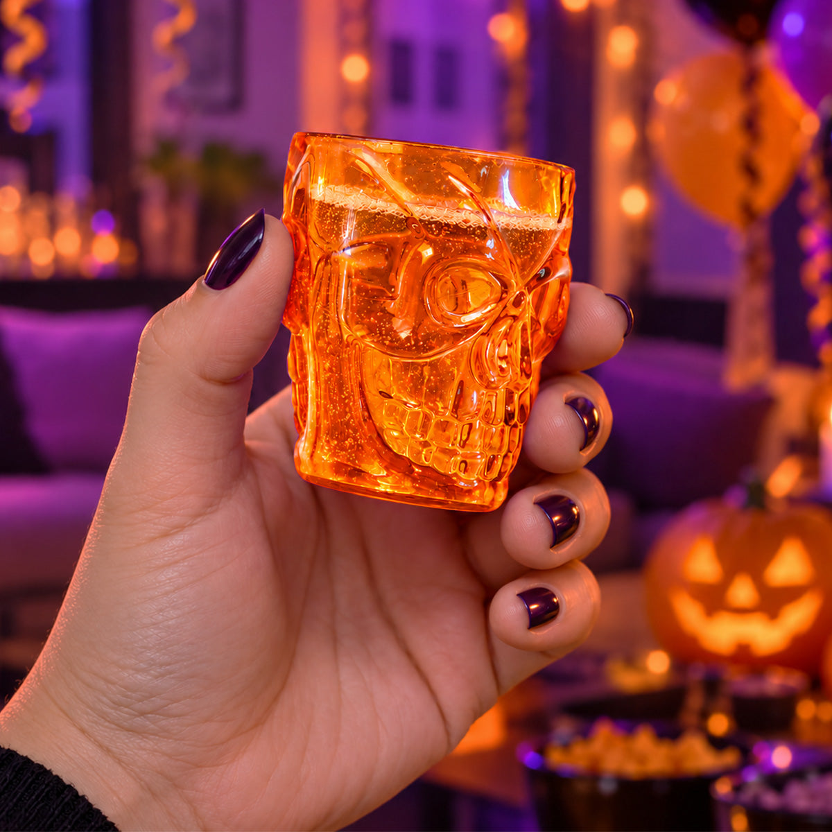 Set de Vasos con Diseño de Calavera, Color Naranja y Negro, 4 Piezas