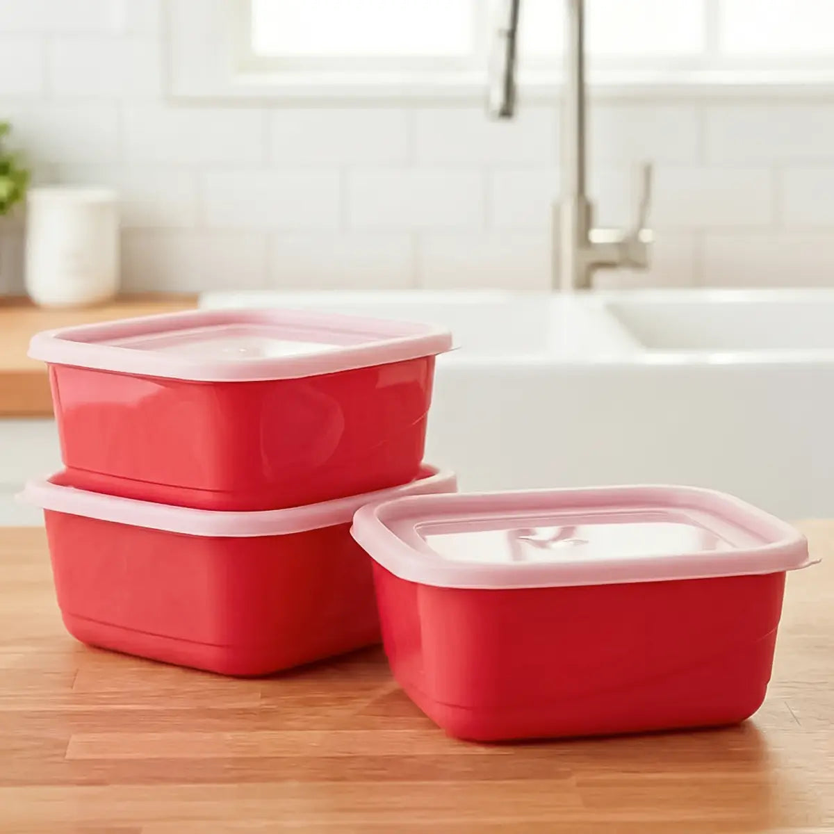 Set de 3 Contenedores Cuadrados, Color Rojo con Tapa, 750 ml