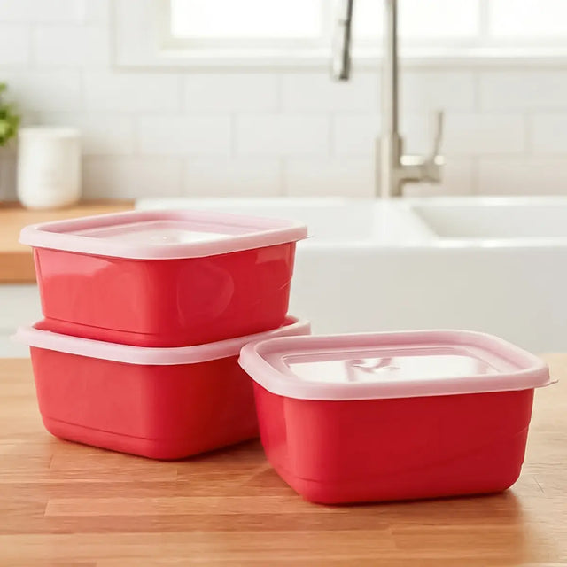 Set de 3 Contenedores Cuadrados, Color Rojo con Tapa, 750 ml