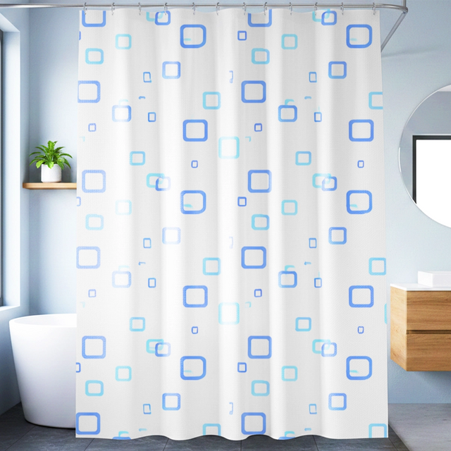 Cortina de Baño, Color Azul, Diseño Cuadros