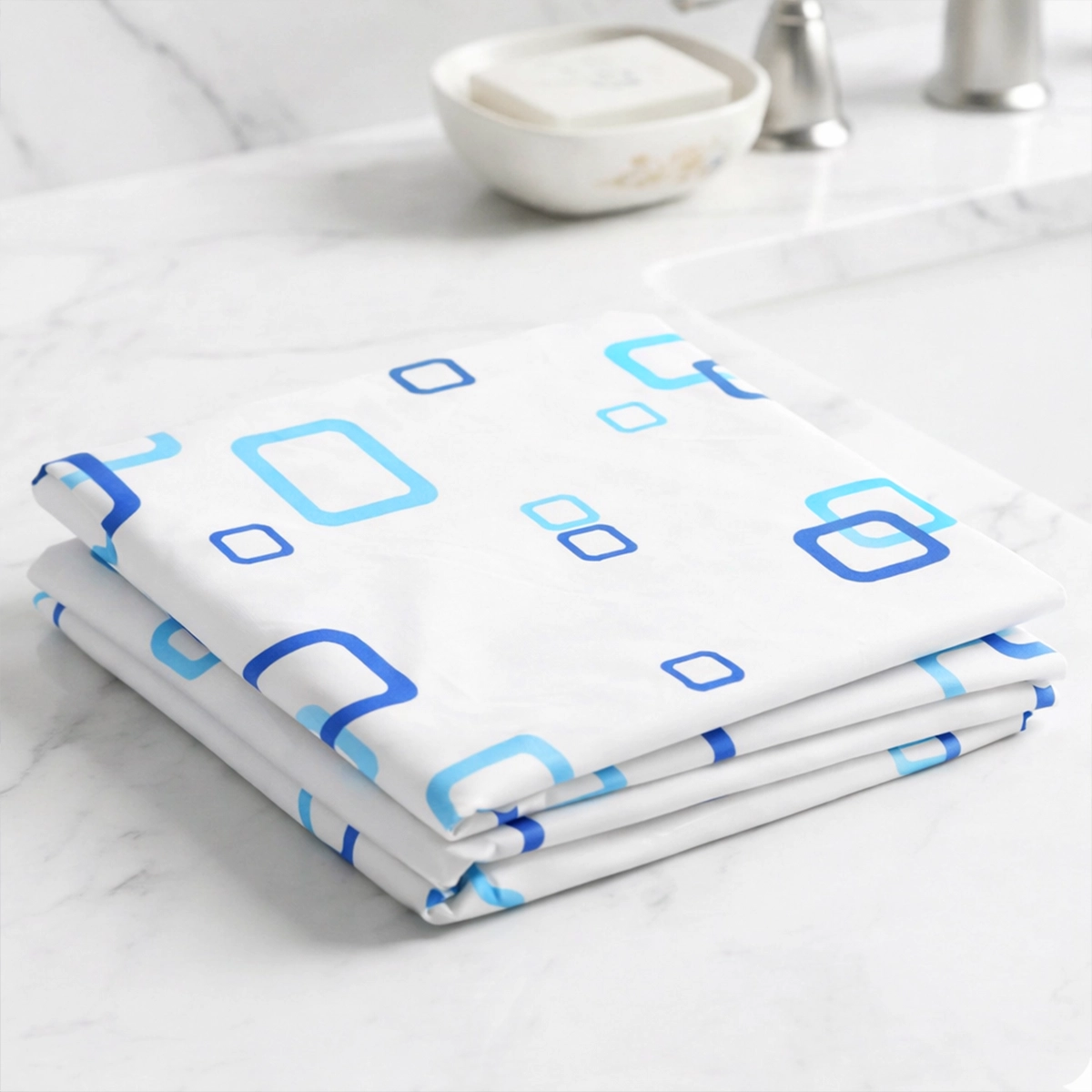 Cortina de Baño, Color Azul, Diseño Cuadros