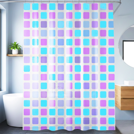 Cortina de Baño, Color Morado, Diseño Cuadros
