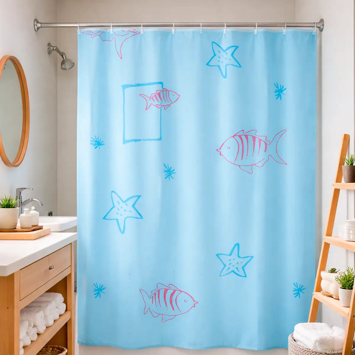 Cortina de Baño, Color Azul, Diseño Pez
