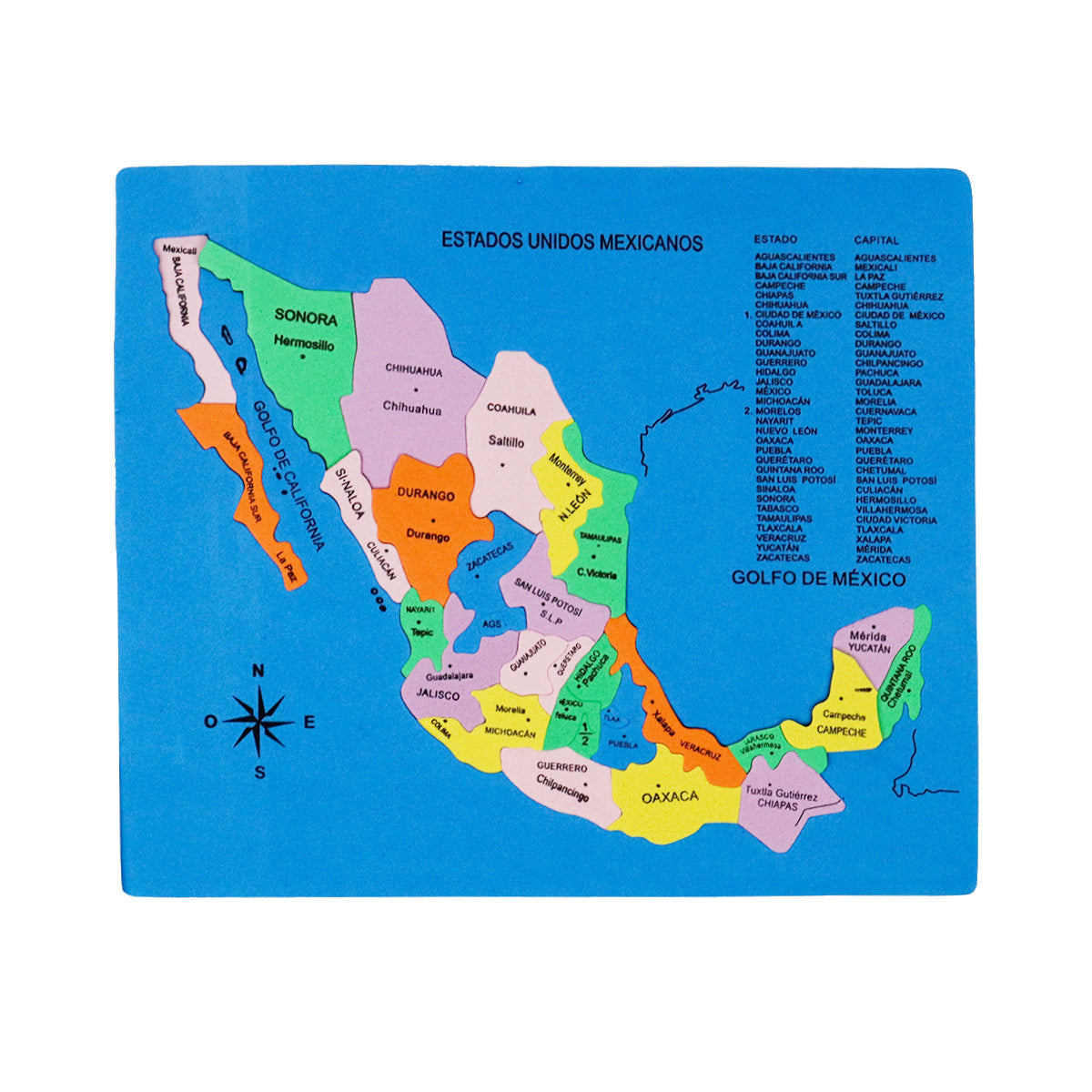 Mapa Didáctico de Foamy de los Estados Unidos Mexicanos, color Azul Rey