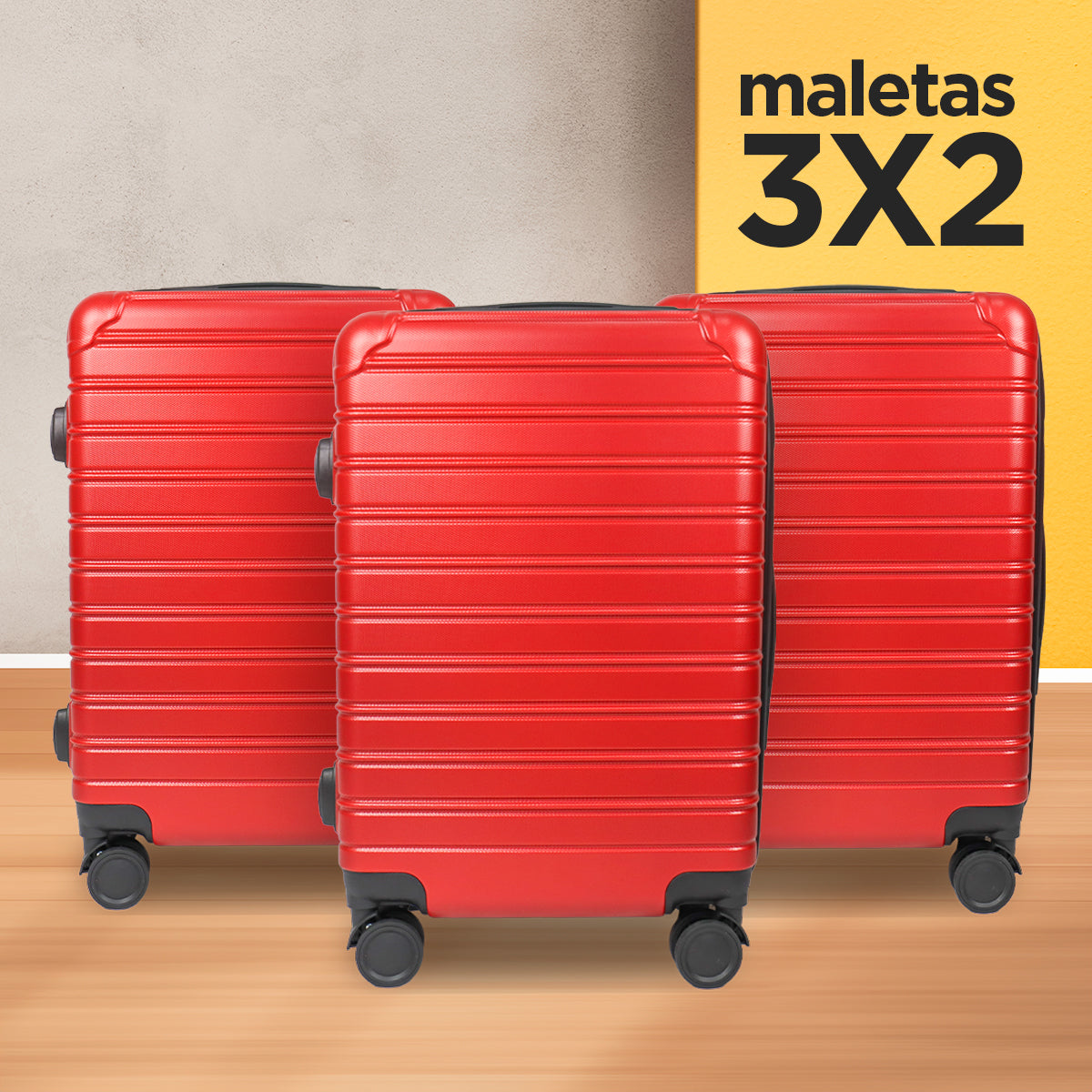 Set de Maletas de Viaje Líneas, color Rojo: ¡Llévate 3 y paga 2!, 37x23x55cm
