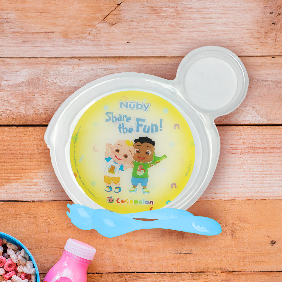 Set de Plato Transparente y Cubiertos Azules para Bebé, Cocomelon, Nuby