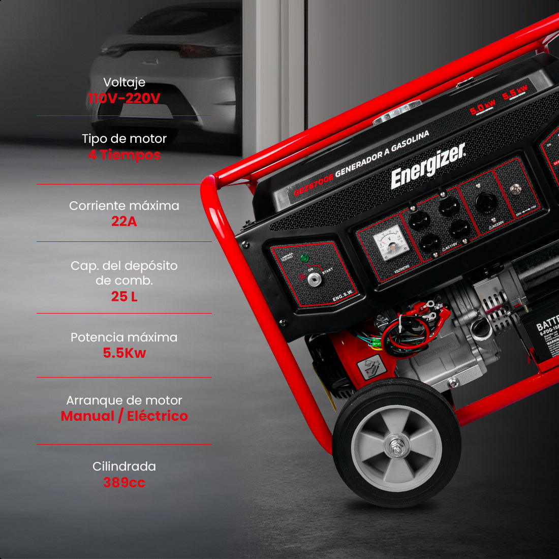 Generador de luz portátil 5.5 kW 389CC 25L Regulador Voltaje Arr Man ENERGIZER
