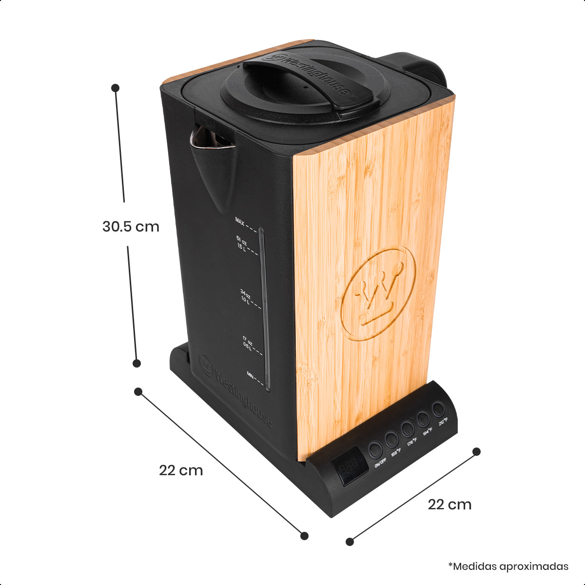 Hervidor Eléctrico de Bambú 1.7L con Control de Temperatura LED Westinghouse