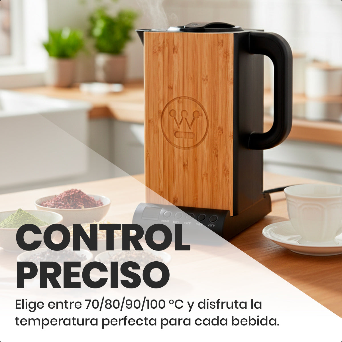 Hervidor Eléctrico de Bambú 1.7L con Control de Temperatura LED Westinghouse