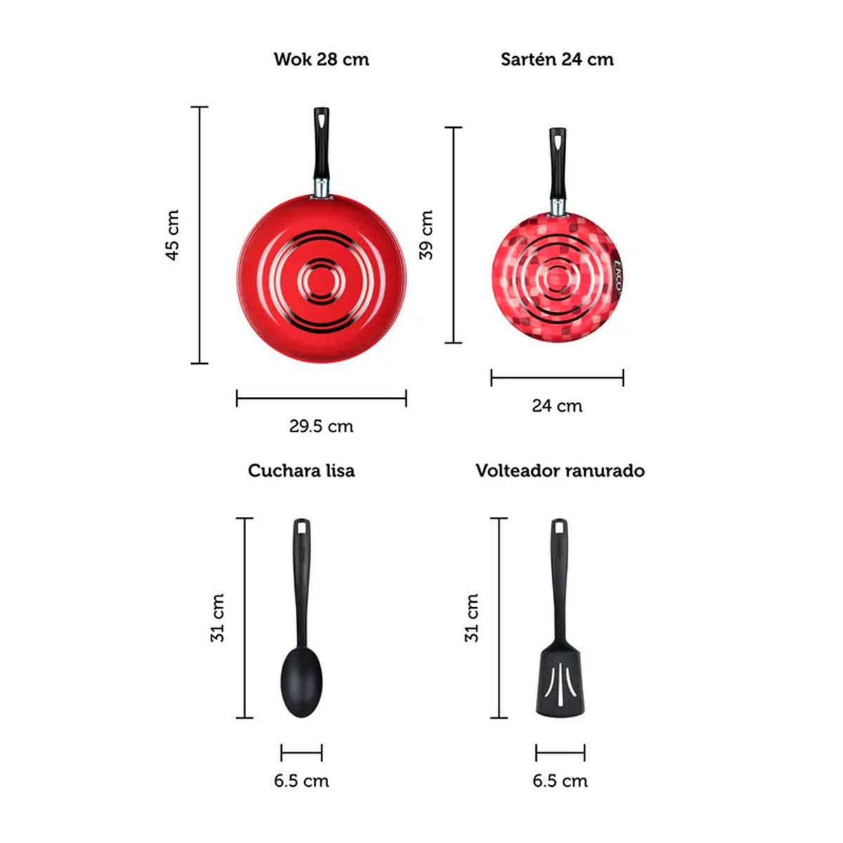 Ecko Batería Juego de Cocina, Color Rojo, 4 Pzas