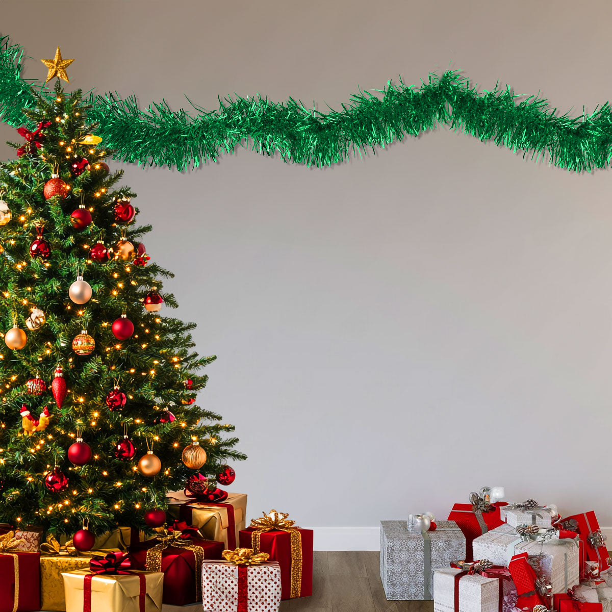 Guirnalda Navideña de Tinsel, 1.3 m, Color Verde