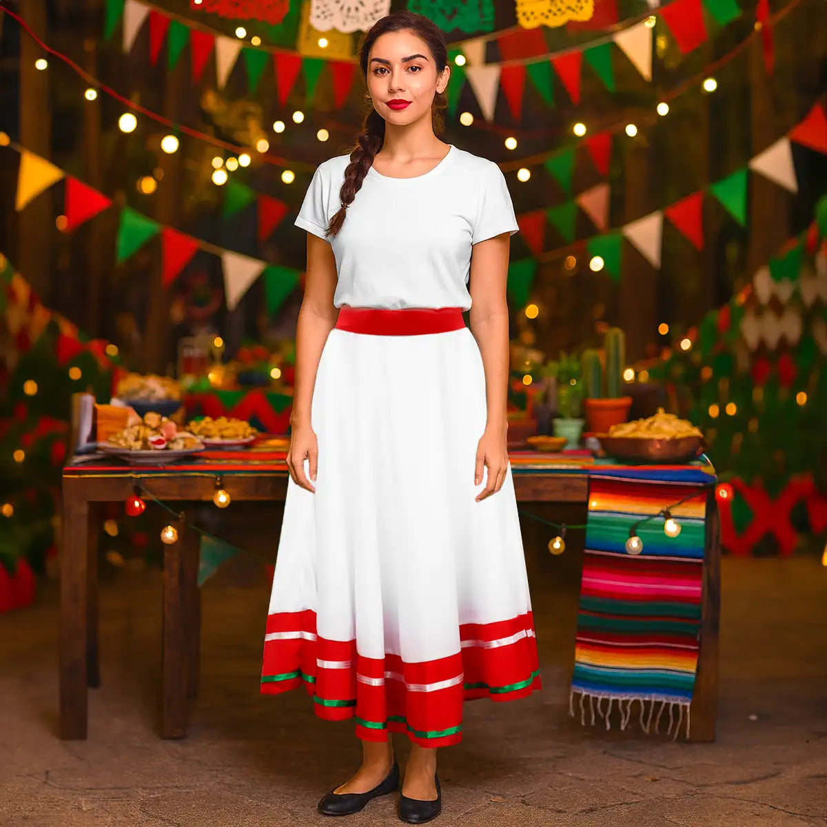 Falda Regional, Color Blanco y Rojo, Fiestas Patrias, Talla Mediana