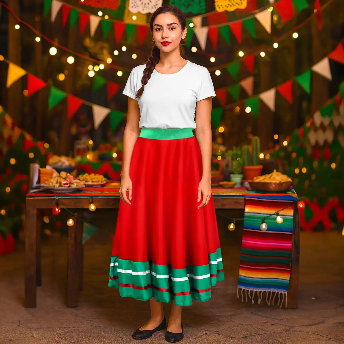 Falda Regional, Color Rojo y Verde, Fiestas Patrias, Talla Chica