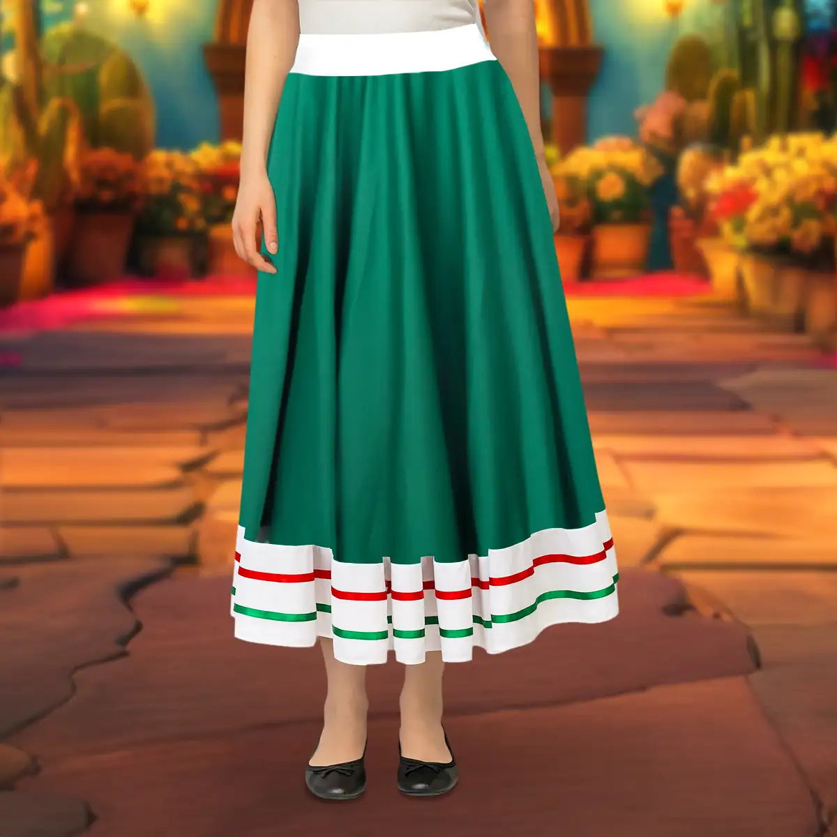Falda Regional, Color Verde, Fiestas Patrias, Talla Grande