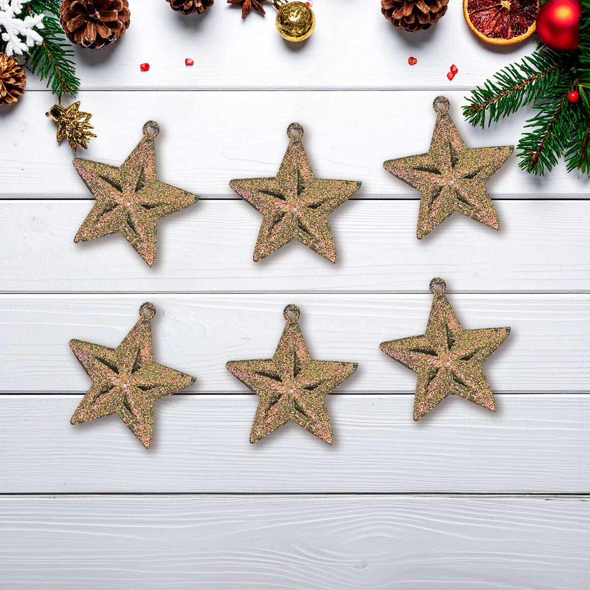 Mini Estrellas, Ornamento Navideño Glitter, Color Oro