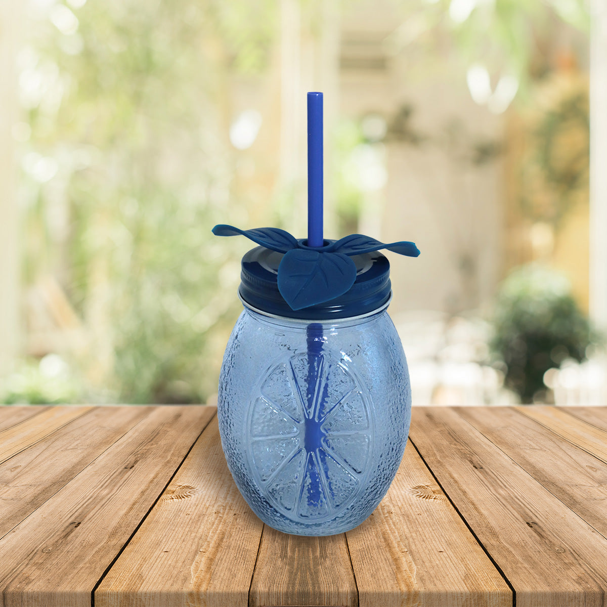 Frasco con Tapa y Popote Decorativo Color Azul Marino, 480 ml
