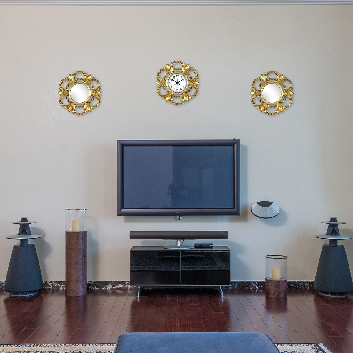 Set de 2 Espejos y 1 Reloj de Pared Inkanto